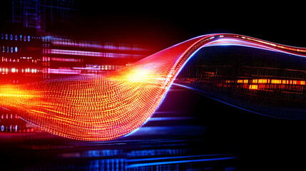 Abstract data flow, digital wave, glowing network, binary code background, technology concept