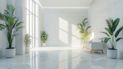 Poster - Minimalist office space with clean white walls, simple furniture, and potted plants, creating a serene environment.