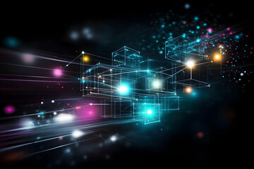 abstract data network connection, glowing cubes, dark background, digital technology concept, ideal 