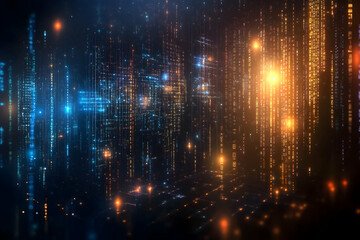 Abstract digital city data stream, glowing lines and particles, futuristic technology background, ideal for tech presentations
