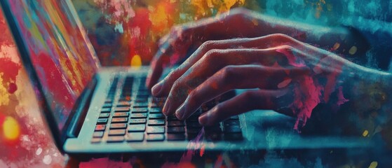 person typing on a laptop keyboard with colorful artistic effects