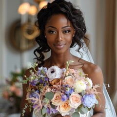 Canvas Print - African American bride carry beautiful organic bouquet, Roses, ranunculus, delphinium, tulips, orchids.