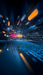 Abstract digital data stream; fast-paced code flows, city lights blur in background; ideal for tech, innovation concepts