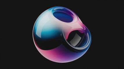 Poster - Abstract 3D render of a glossy, iridescent sphere with openings, displaying vibrant blue, pink, and purple hues.