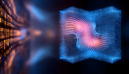 Abstract digital data swirling within a cube, futuristic background, technology concept, website banner