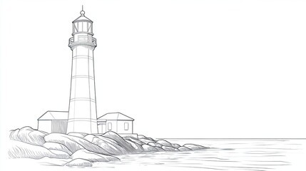 Wall Mural - lighthouse illustration on a rocky shore with calm water, conveying a serene coastal ambiance.