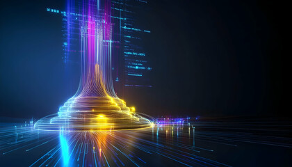 Abstract digital tower glowing, data streams, dark background; futuristic technology concept, website banner