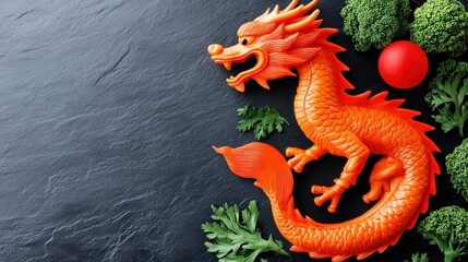 Canvas Print - Vibrant Orange Dragon Sculpture Amidst Greenery on Slate Surface