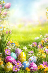 easter egg hunt with flowers on a meadow in spring season greeting card copyspace copy space portrai