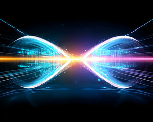 Abstract infinity loop, digital data flow, futuristic technology, dark background, website header