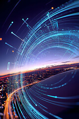 Aerial city view at sunset, digital data streams swirling, futuristic technology concept; website header, tech article illustration