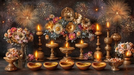 Poster - Festive Candlelit Display with Floral Arrangements and Fireworks Background