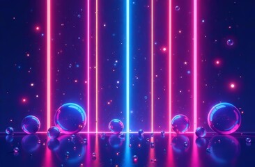 Abstract, background, bright vertical neon stripes of light on dark background surrounded by neon bubble balls and bright glowing lights