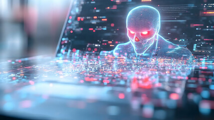 Cyber skull hacking laptop screen, digital city background; website security concept