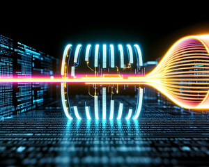 Data transfer, digital flow, glowing lines, code background, futuristic technology concept for website header