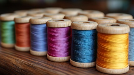 Wall Mural - Various spools of colorful thread arranged neatly on a wooden surface for crafting projects