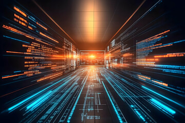 Digital data stream flowing through a futuristic tunnel, showcasing rapid data processing and technological advancement, ideal for tech websites and presentations