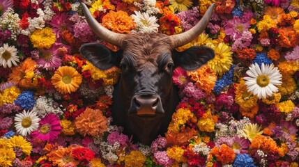 Sticker - a bull head is surrounded by flowers