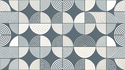 Trendy vector abstract geometric background with circles in Scandinavian retro style, seamless cover. Graphic pattern of simple shapes in gray tones, abstract white mosaic. 
