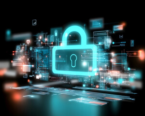 Digital security lock, data protection, cybersecurity concept, network background, website banner