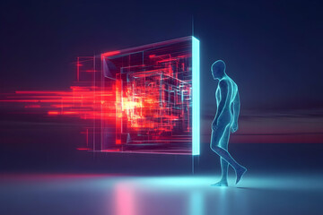 Digital transformation, human entering data cube, futuristic background, tech concept, website banner
