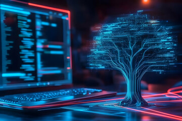Digital tree code growth on laptop screen, dark background.  Software development, future tech concept. Stock photo