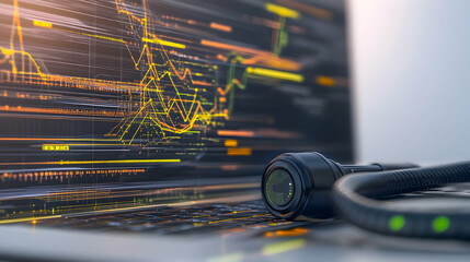 Financial data analysis on laptop screen with security camera; office background; for financial news, cybersecurity, or technology articles