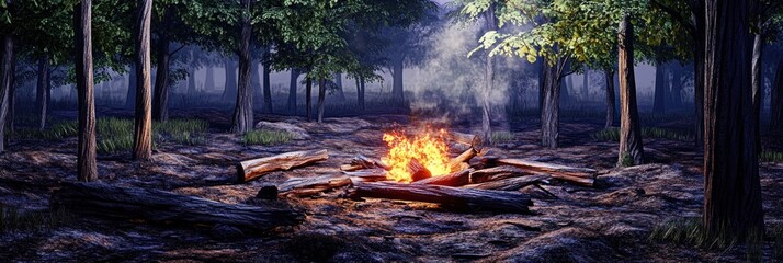 Wall Mural - Enchanting Nighttime Campfire Glow Illuminating a Forest Clearing Surrounded by Majestic Trees