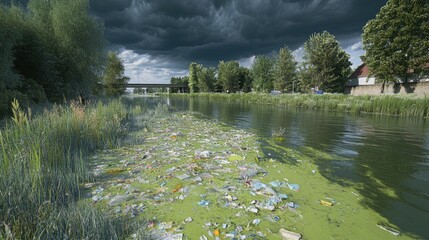 Polluted River Under Stormy Skies Environmental Impact and Urban Landscape