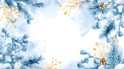 Wall Mural - Winter watercolor frame with pine, berries, and gold accents.