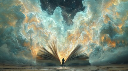 Wall Mural - Person silhouetted against a giant open book with clouds and stars.