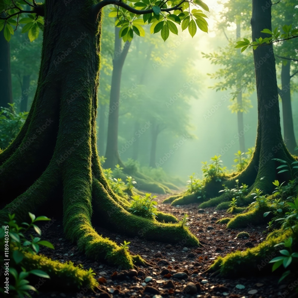 Misty forest clearing with ancient tree roots in the ground, wetland ...