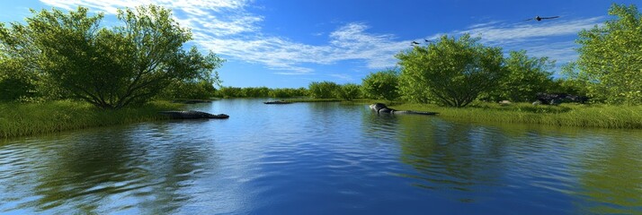 Wall Mural - Serene River Landscape with Lush Greenery and Clear Blue Sky - A Tranquil Nature Escape