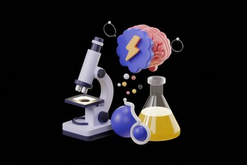 Poster - Microscope, brain, beaker, and molecules illustrate scientific research and brainpower.