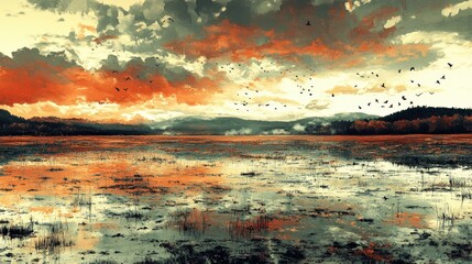 Wall Mural - Stunning Sunset Over Tranquil Lake with Reflective Water and Dramatic Clouds Illuminating the Sky as Birds Soar in Serene Nature Landscape