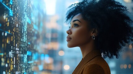 woman looking at binary code on a glass wall