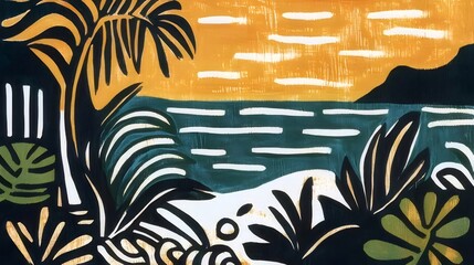 Wall Mural - Tropical beach sunset illustration with palm trees and ocean.