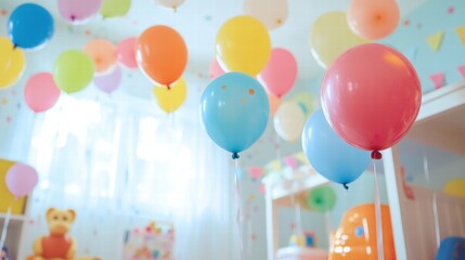 Poster - Bright and colorful toys alongside cheerful balloons create a joyful atmosphere in a playful child room. Generative AI