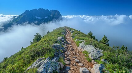 Wall Mural - Scenic hiking trail winding through lush greenery in a misty forest setting