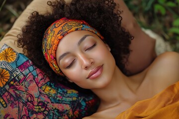 Wall Mural - A woman with a colorful headband is sleeping on a pillow. The pillow has a colorful design with a flower pattern