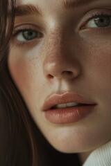 Wall Mural - Close-up photo of a woman's face with freckles, suitable for beauty or personal use