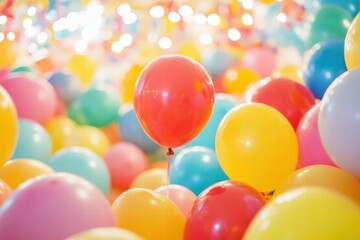 Poster - Colorful balloons and toys creating a vibrant atmosphere in a cheerful child playroom filled with joy and laughter. Generative AI