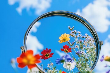 Wall Mural - A close-up shot of a mirror with fresh flowers arranged on the surface