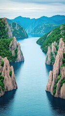 Wall Mural - Serene River Flowing Through Majestic Mountain Gorge Under Clear Blue Sky