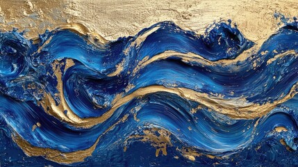 Wall Mural - Abstract painting featuring swirling blue waves and gold accents, evoking movement and fluidity.