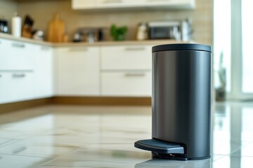 A black trash can sits on the floor in a kitchen, ready for use