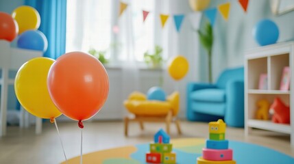 Poster - Colorful toys and cheerful balloons create a joyful atmosphere in a childs playful room. Generative AI