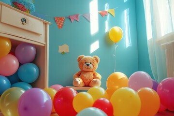 Poster - Colorful balloons and cheerful toys fill a joyful playroom for children during a sunny day of fun and imagination. Generative AI