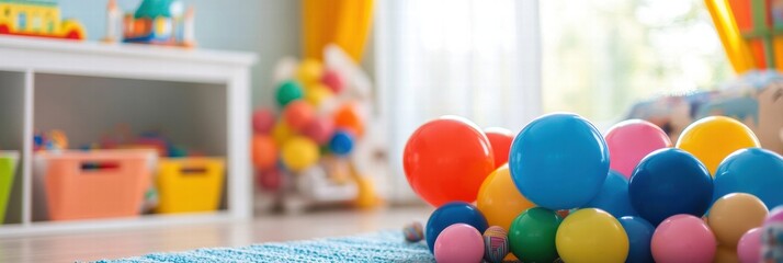 Poster - Colorful toys and balloons create a vibrant atmosphere in a joyful child playroom filled with creativity. Generative AI