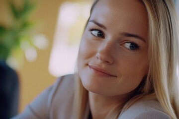 Wall Mural - Close-up shot of a woman with long blonde hair, looking directly at the camera